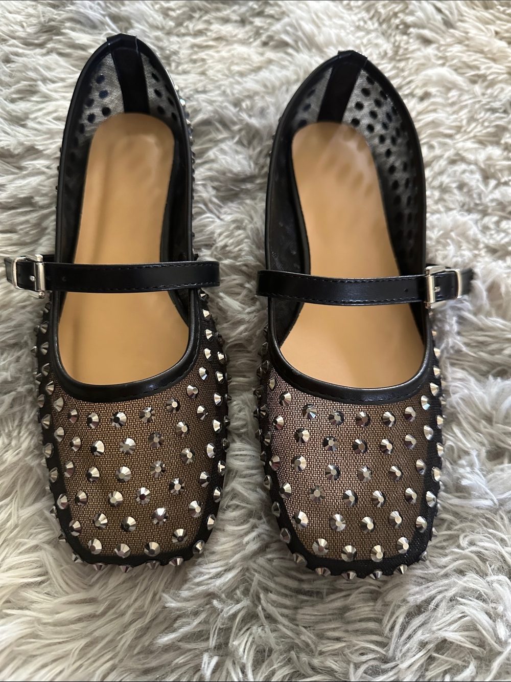 Studded Black Mesh Mary Jane Flats - Women's